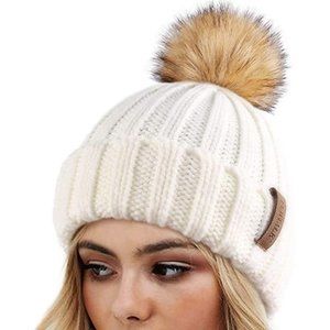 FURTALK Womens Winter Knitted Beanie Hat with Faux Fur Pom Warm Knit Skull Cap B